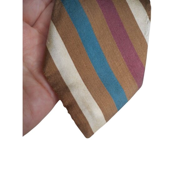 Vintage Resilio Striped Cream Brown Teal Burgundy Mens Tie Necktie Estate Find - Picture 5 of 5